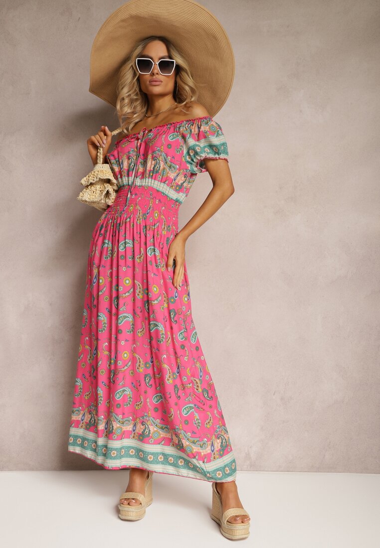 Różowa Letnia Sukienka z Bawełny o Fasonie Hiszpanki z Gumką w Pasie i Wzorem Paisley Delsina