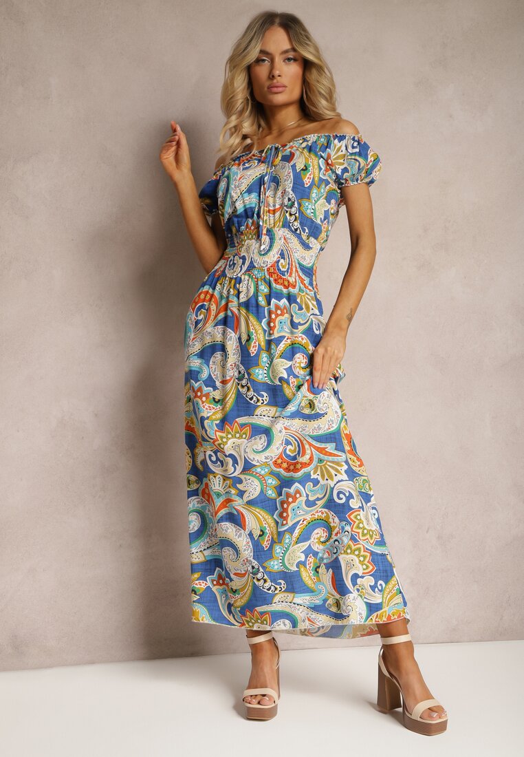 Niebieska Sukienka na Lato z Bawełny w Stylu Boho Hiszpanki Lenadia
