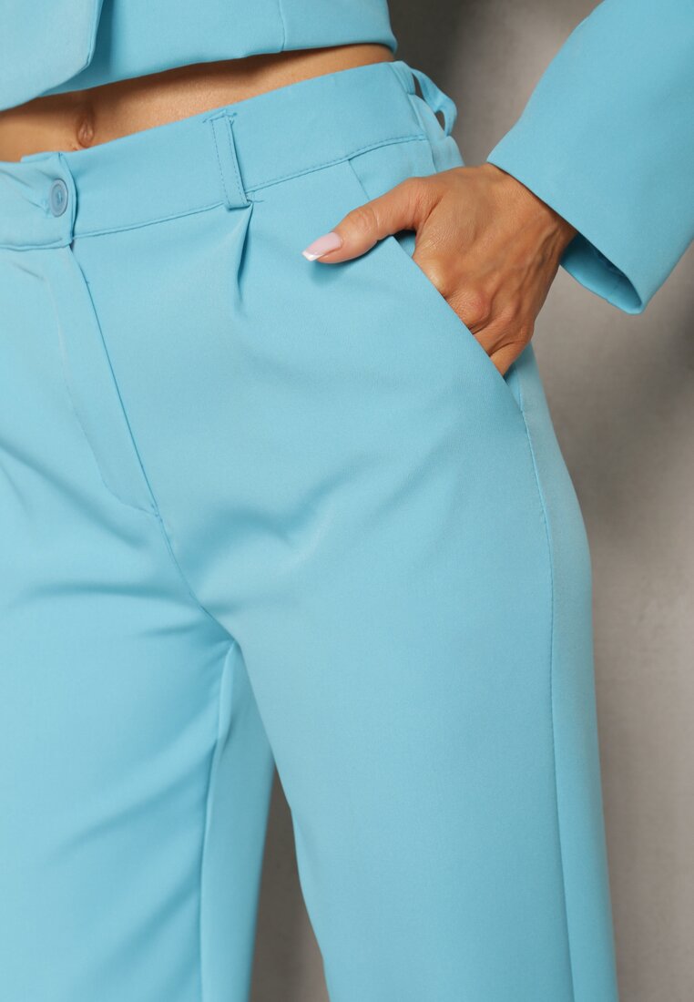 Niebieskie Spodnie Garniturowe z Lekko Rozszerzanymi Nogawkami Lienta