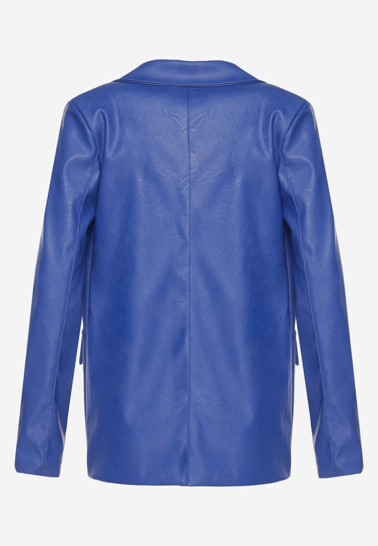 Sacou albastru din piele ecologică, neîncheiat, cu umeri îmbrăcați Suniya
