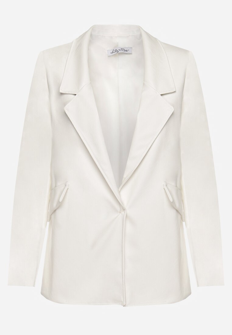 Jachetă albă tip cutie din piele ecologică fără închidere cu pernițe pe umeri Suniya