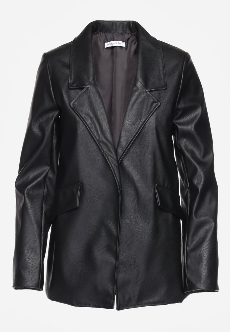 Jacheta neagra tip cutie din piele ecologica neinchisa cu pernute la umeri Suniya