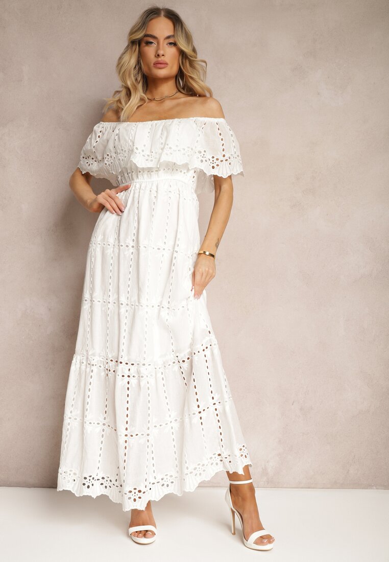 Biała Rozkloszowana Sukienka z Falbankami Typu Hiszpanka Vianelle