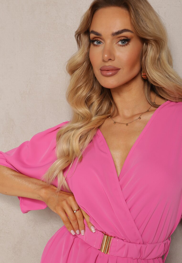Rochie roz cu croială înfășurată cu elastic și curea în talie Dariane