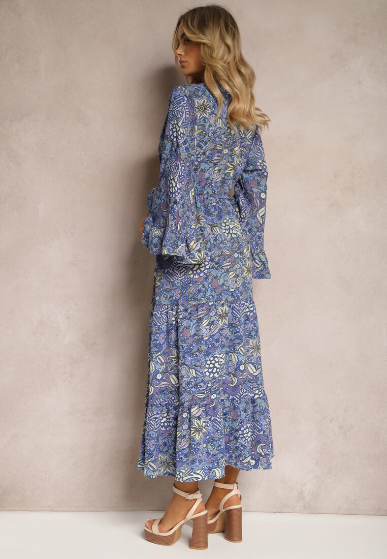 Granatowa Sukienka w Kwiatowy Print Rozkloszowana z Falbankami Airova