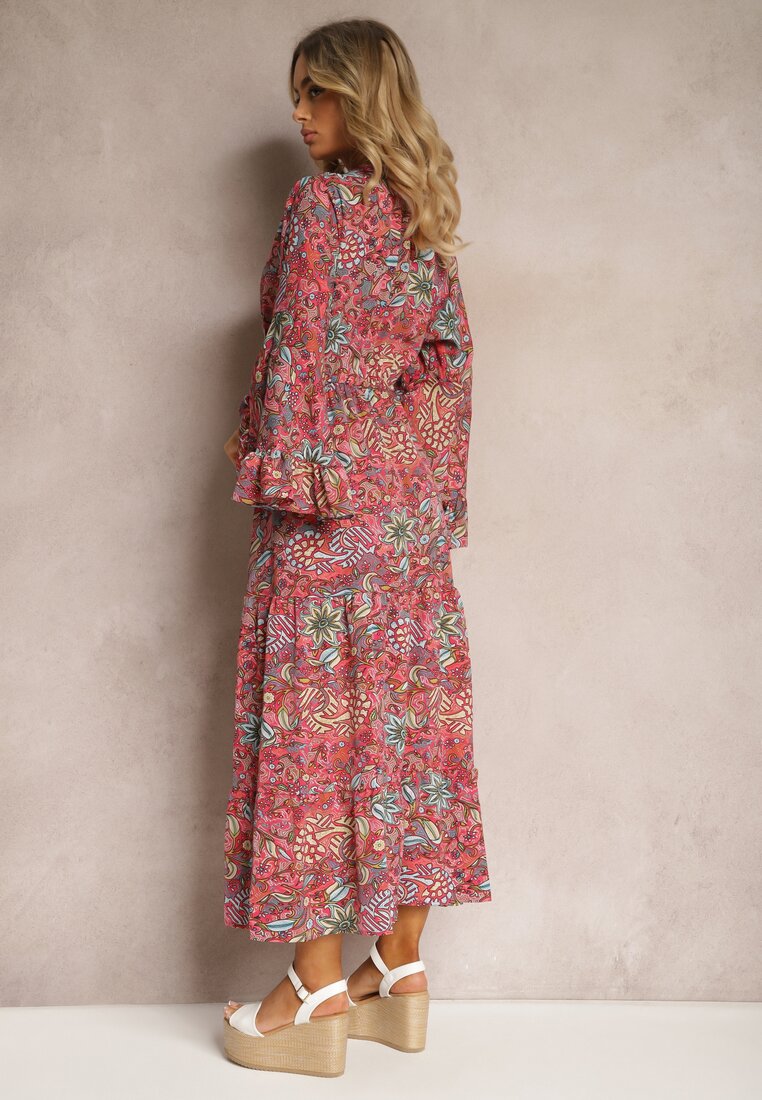 Ciemnoróżowa Sukienka w Kwiatowy Print Rozkloszowana z Falbankami Airova