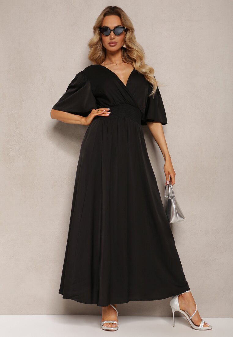 Czarna Sukienka z Luźnymi Rękawami Wiązaniem z Wycięciem na Plecach i Gumką w Talii Valenta