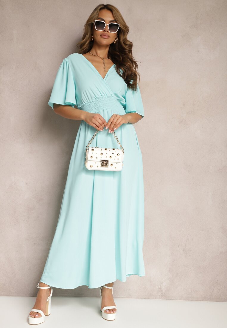 Jasnoniebieska Sukienka z Luźnymi Rękawami Wiązaniem z Wycięciem na Plecach i Gumką w Talii Valenta