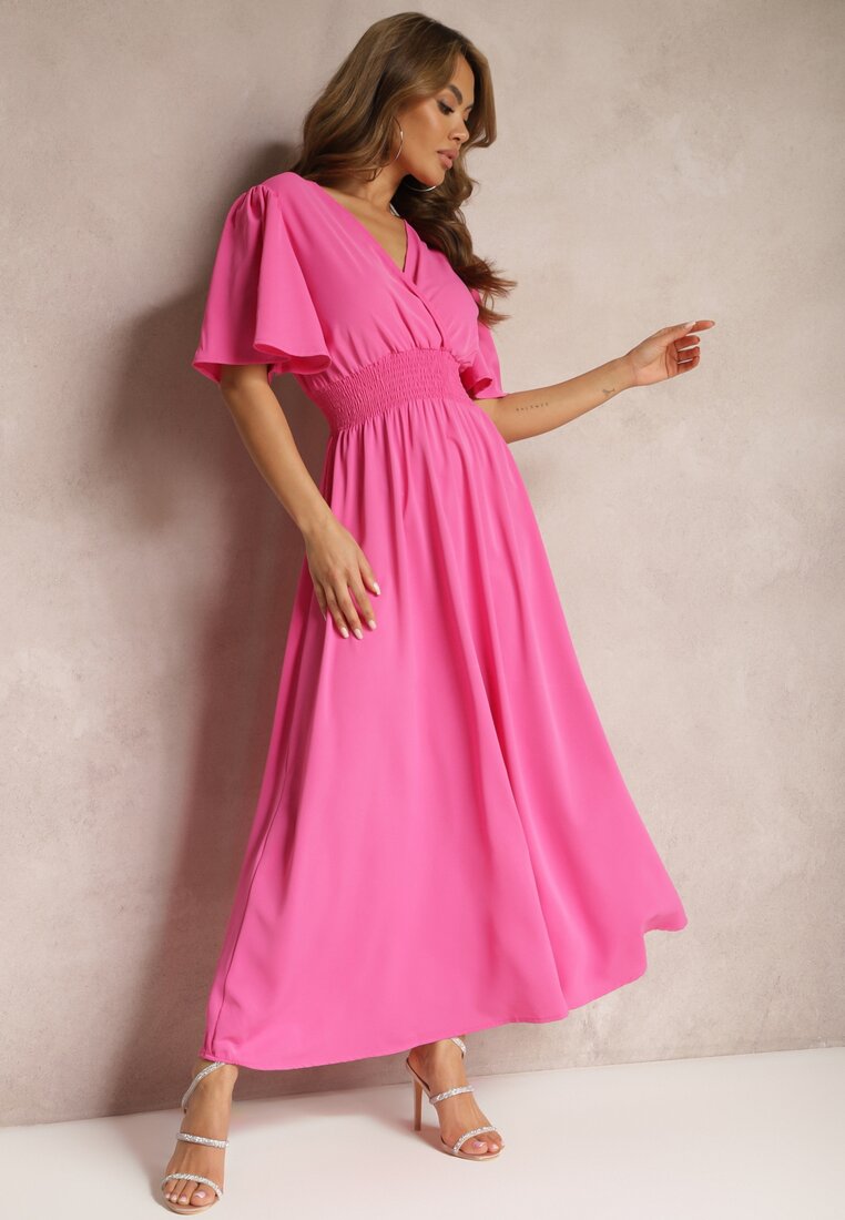 Różowa Sukienka z Luźnymi Rękawami Wiązaniem z Wycięciem na Plecach i Gumką w Talii Valenta