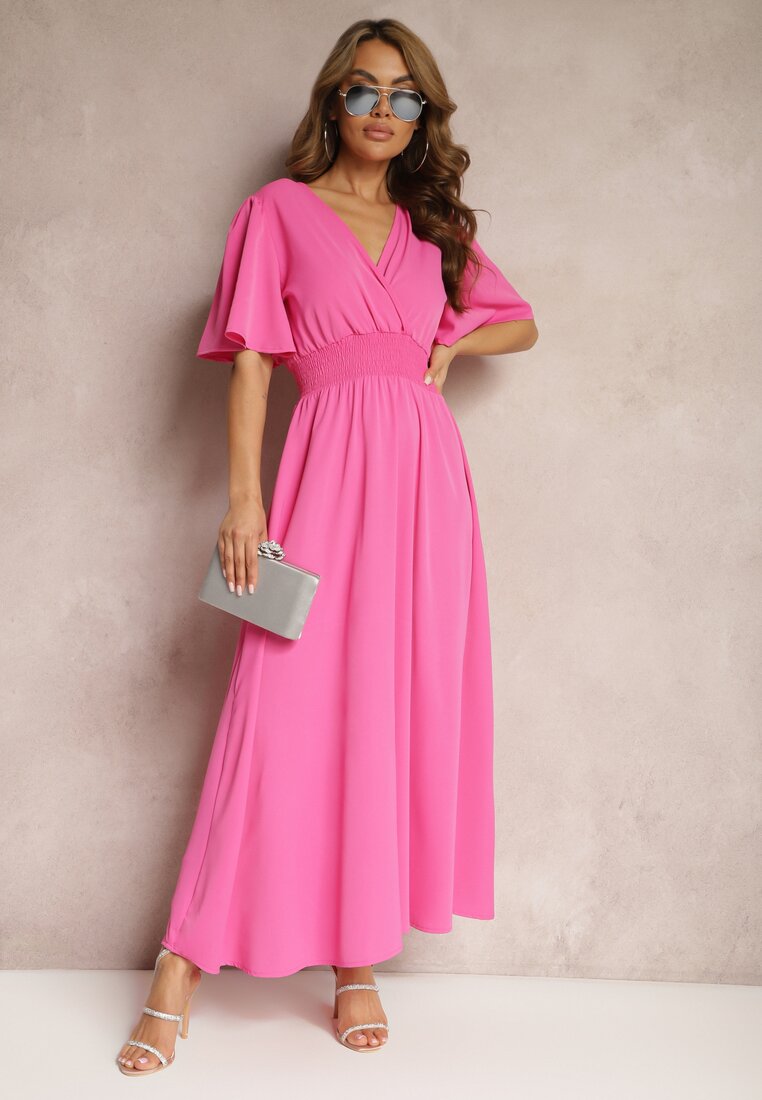 Różowa Sukienka z Luźnymi Rękawami Wiązaniem z Wycięciem na Plecach i Gumką w Talii Valenta