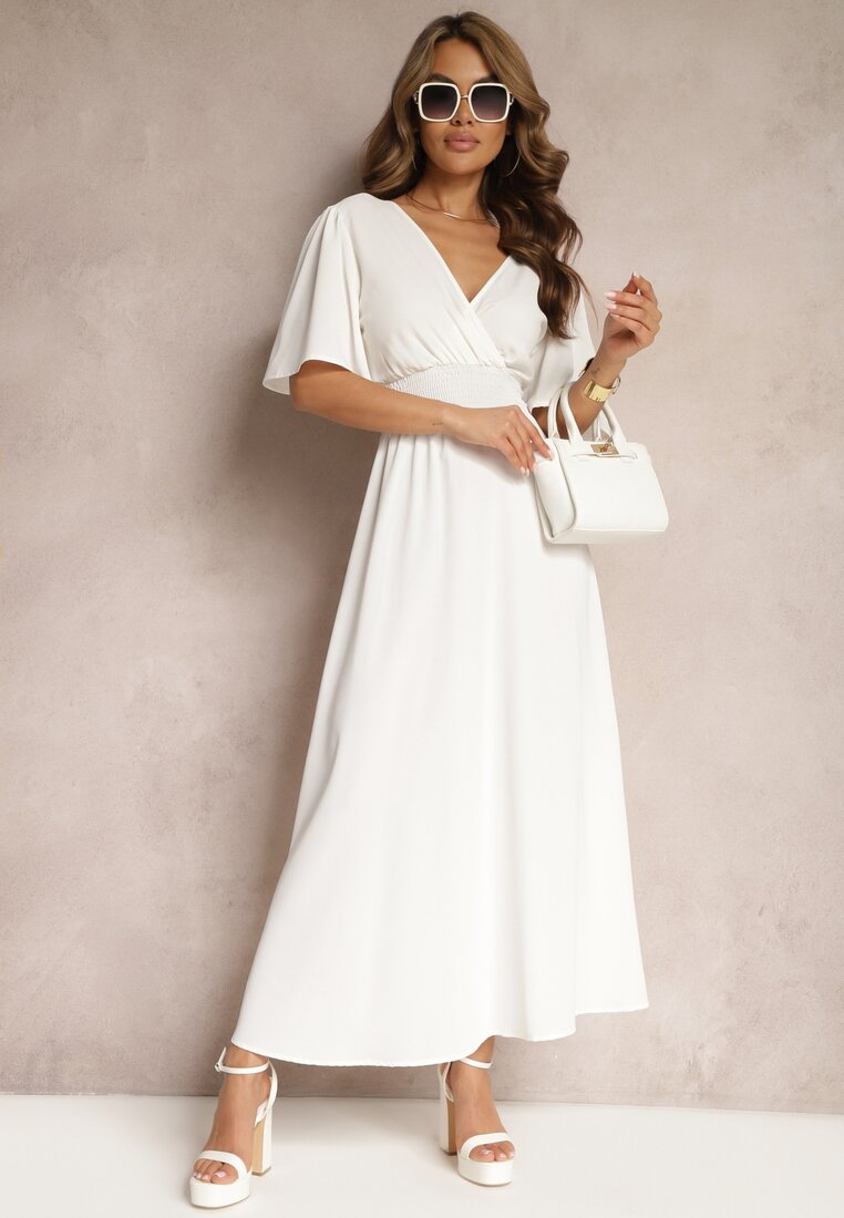 Biała Sukienka z Luźnymi Rękawami Wiązaniem z Wycięciem na Plecach i Gumką w Talii Valenta