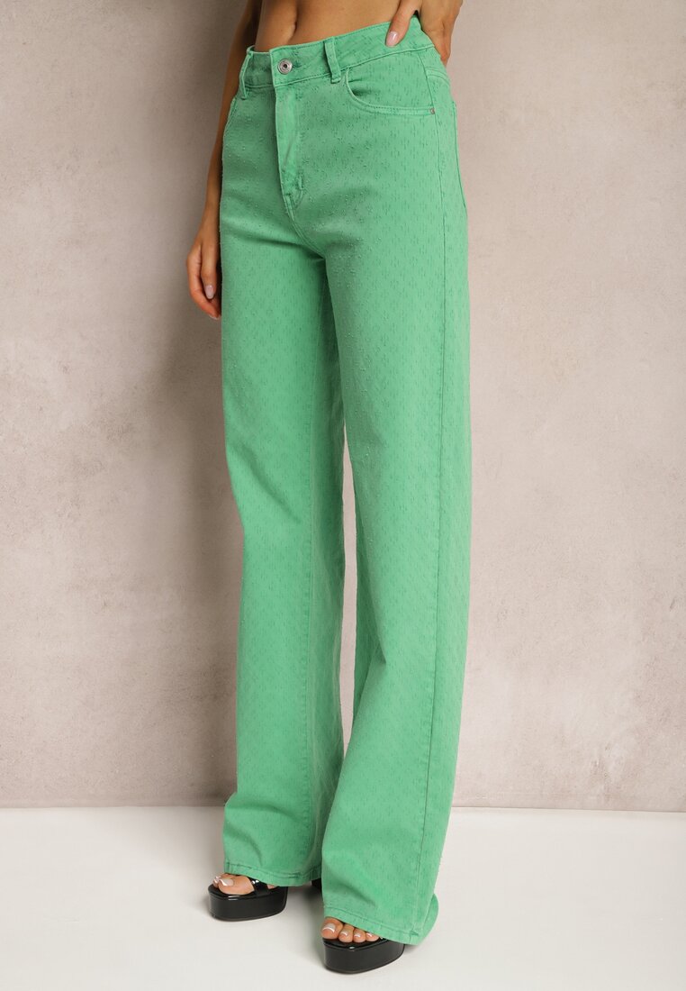 Zielone Szerokie Jeansy z Bawełnianej Tkaniny Plumeti High Waist Rrisa