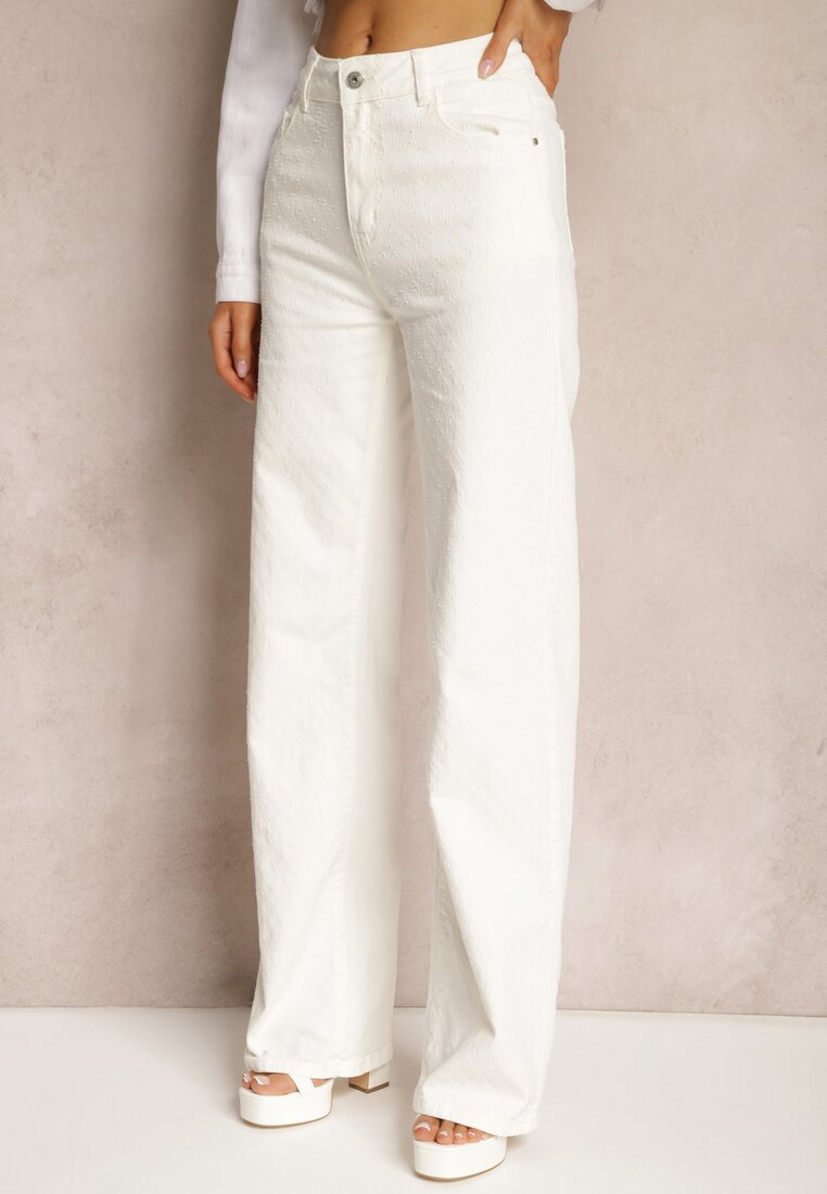 Białe Szerokie Jeansy z Bawełnianej Tkaniny Plumeti High Waist Rrisa