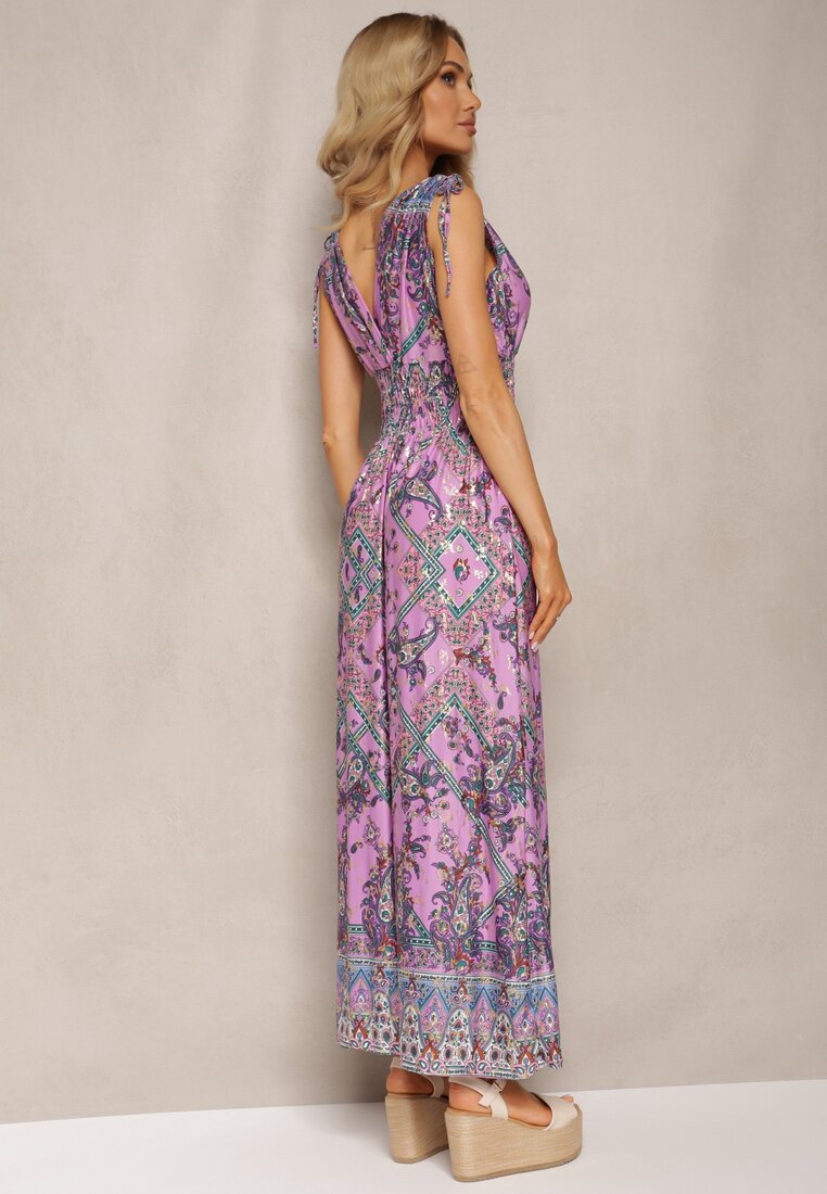 Fioletowa Wzorzysta Sukienka z Bawełny na Szerokich Ramiączkach z Gumką w Pasie Vilaria