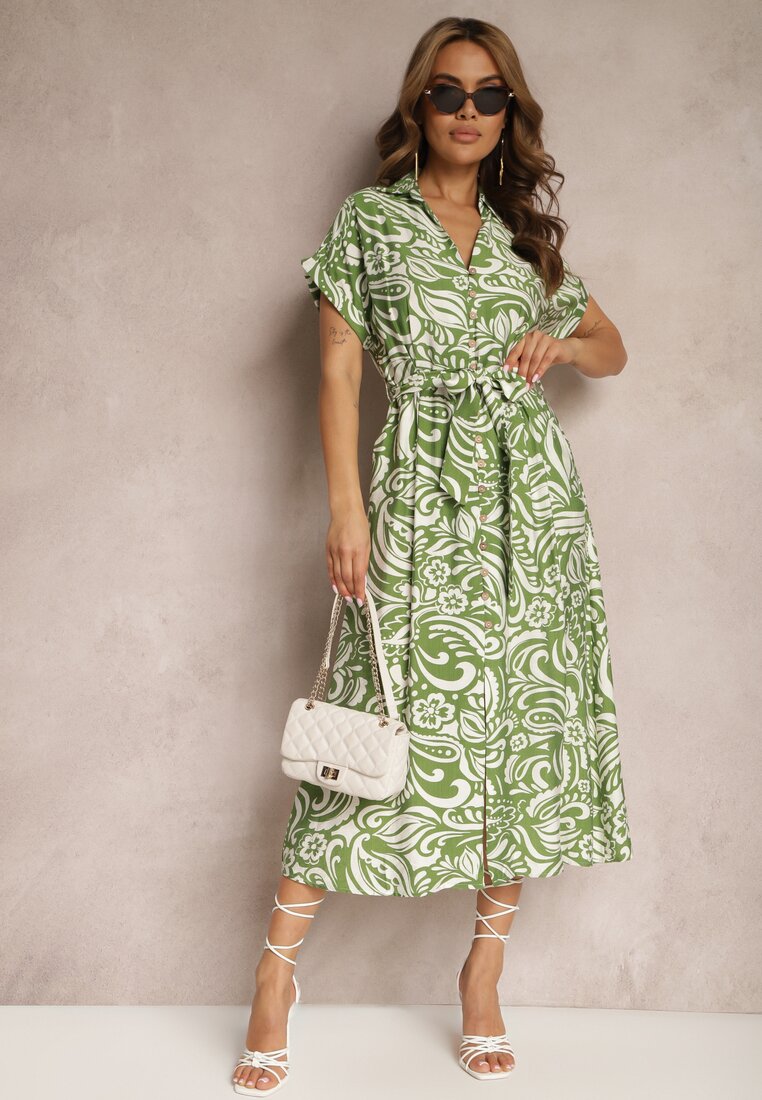 Zielona Sukienka o Koszulowym Kroju z Gumką w Talii z Materiałowym Paskiem i Guzikami Foliana
