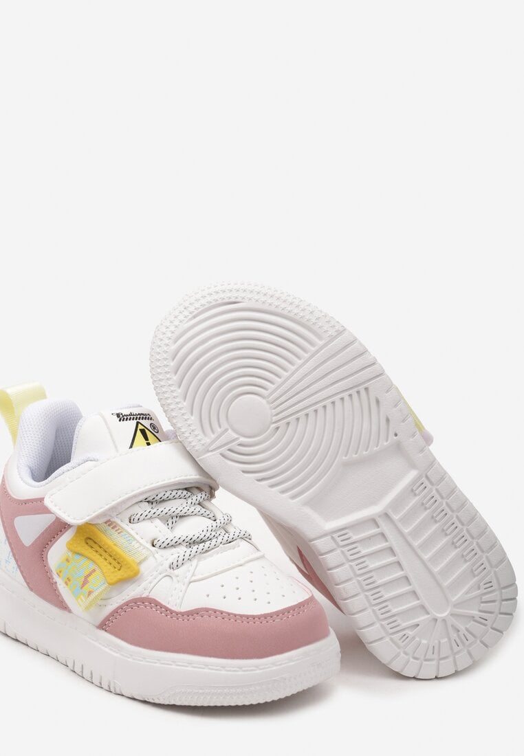 Biało-Różowe Płaskie Buty Sportowe Sneakersy z Ozdobnym Napisem i Skórzaną Wkładką Silavona