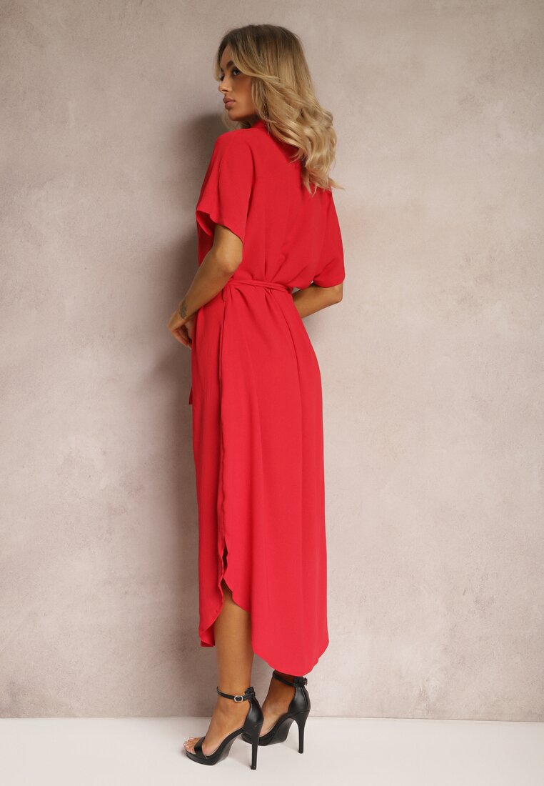 Czerwona Koszulowa Sukienka z Wiskozy z Materiałowym Paskiem w Talii Gialara