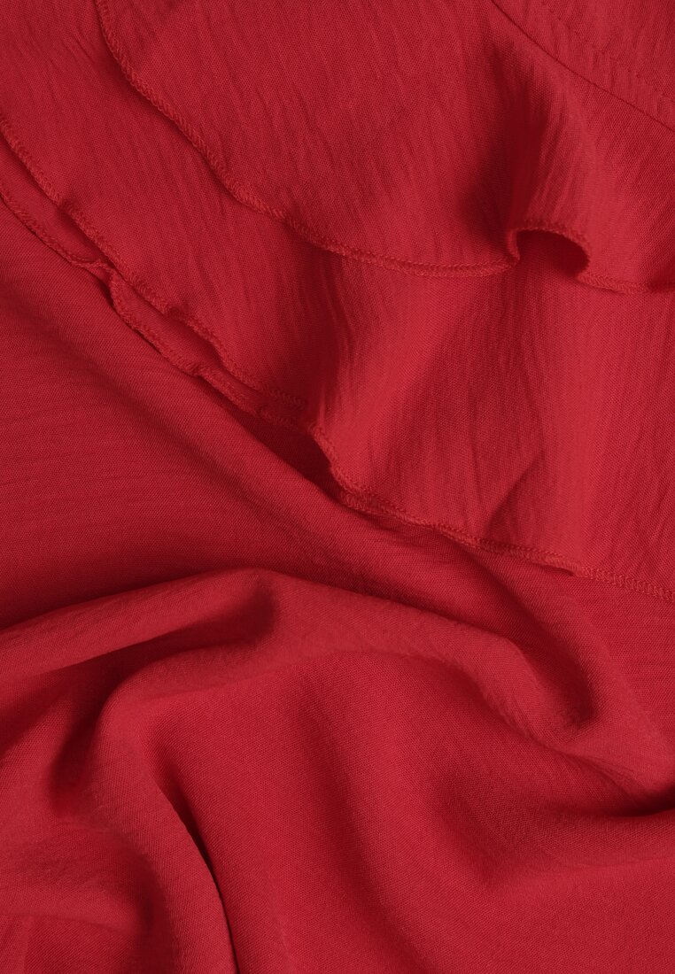 Czerwona Rozkloszowana Sukienka z Falbankami przy Rękawach Wiązana w Talii Paskiem Rissada