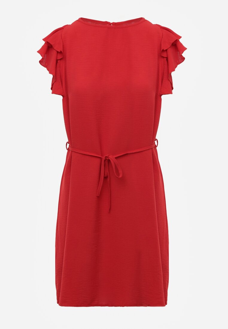 Czerwona Rozkloszowana Sukienka z Falbankami przy Rękawach Wiązana w Talii Paskiem Rissada