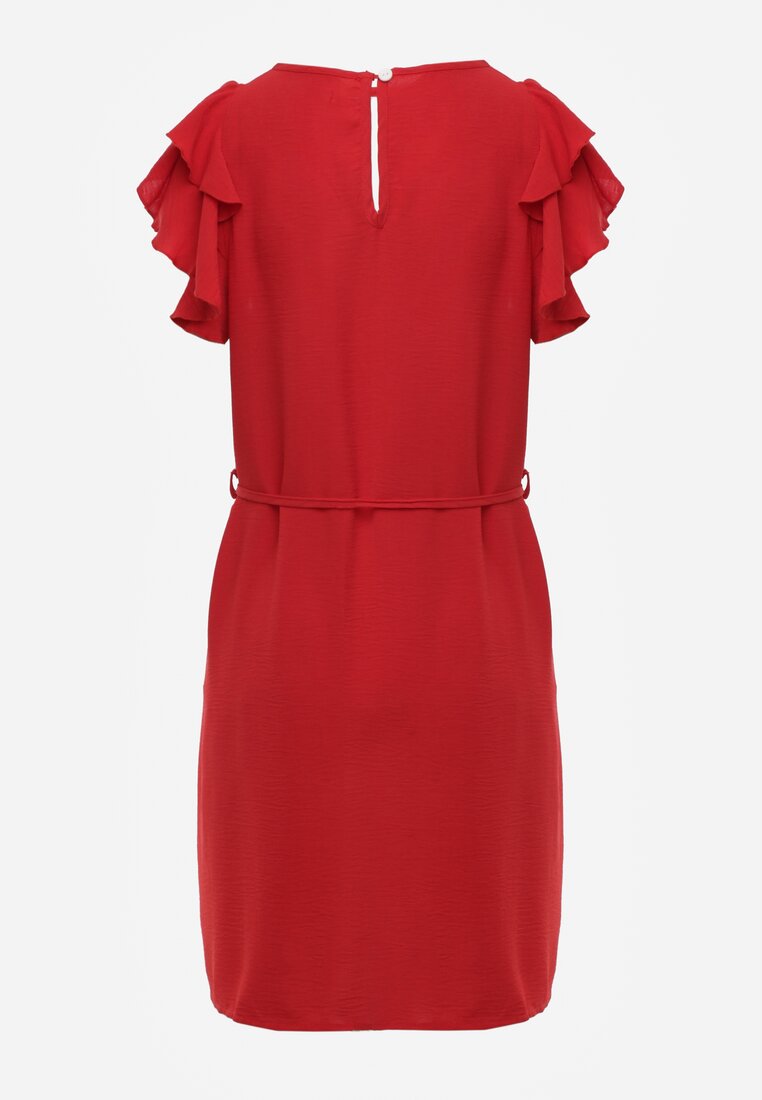 Czerwona Rozkloszowana Sukienka z Falbankami przy Rękawach Wiązana w Talii Paskiem Rissada