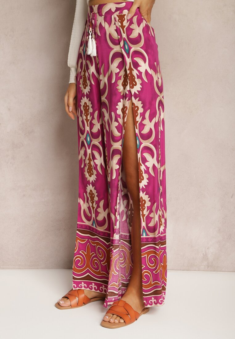 Fioletowe Szerokie Spodnie z Wiskozy Ozdobione Wycięciami na Nogawkach i Ornamentalnym Wzorem Giathena