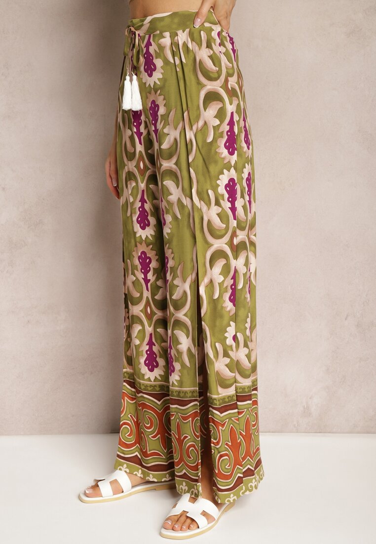 Zielono-Fioletowe Szerokie Spodnie z Wiskozy Ozdobione Wycięciami na Nogawkach i Ornamentalnym Wzorem Giathena