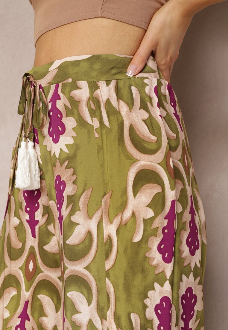 Zielono-Fioletowe Szerokie Spodnie z Wiskozy Ozdobione Wycięciami na Nogawkach i Ornamentalnym Wzorem Giathena
