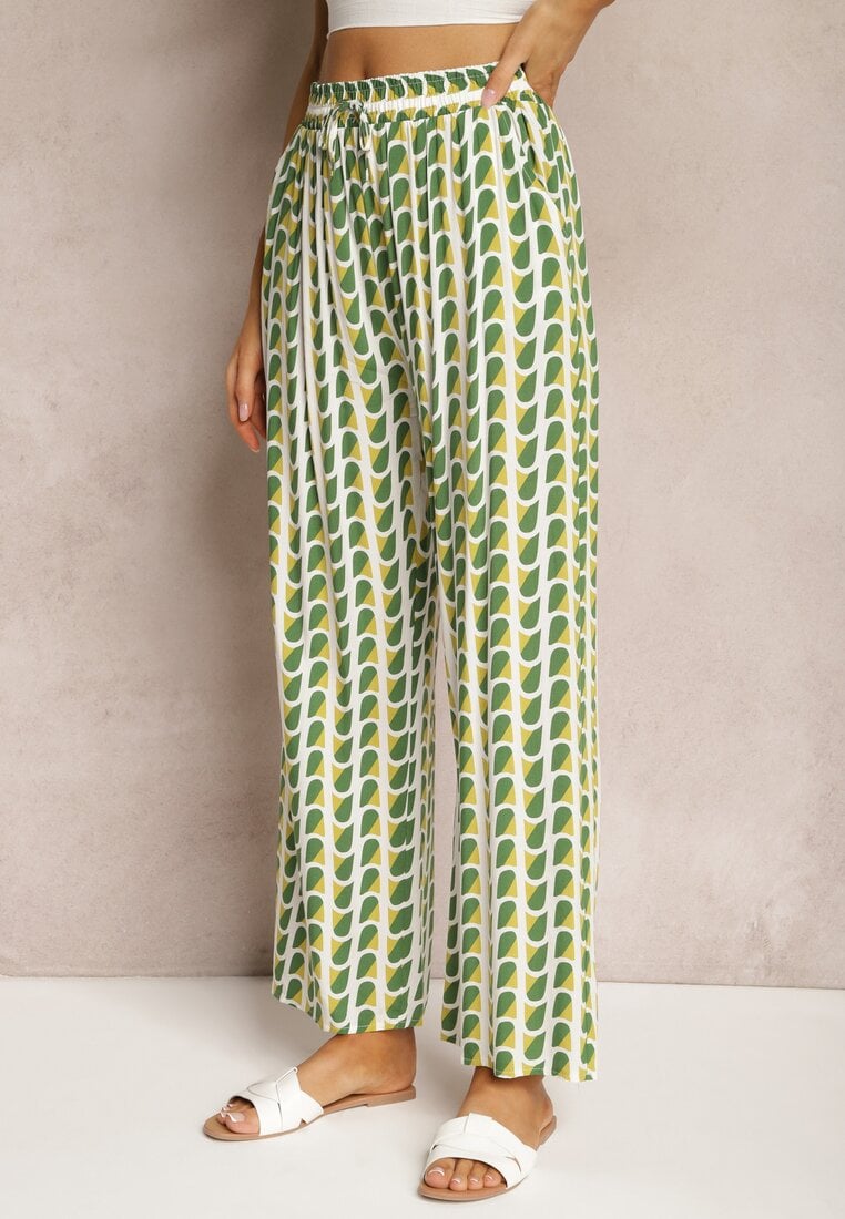 Beżowo-Zielone Szerokie Spodnie z Wiskozy w Abstrakcyjny Print Zanessa