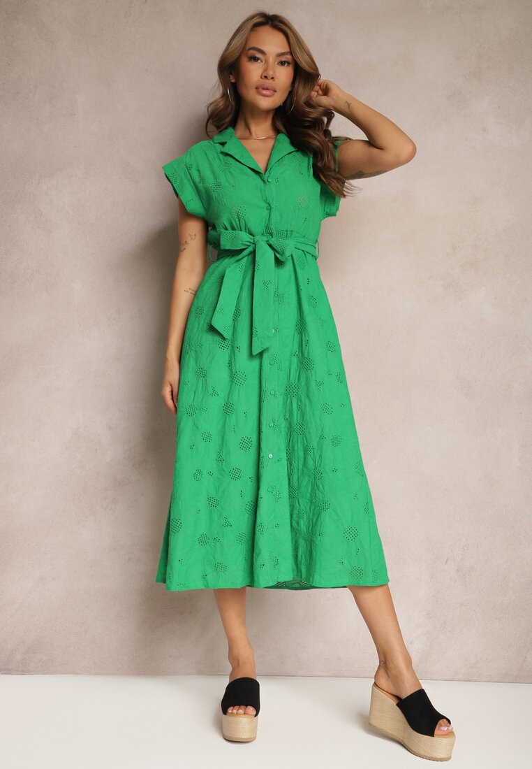 Zielona Sukienka z Bawełny o Haftowanym Wykończeniu z Paskiem w Talii i Guzikami Kiojena