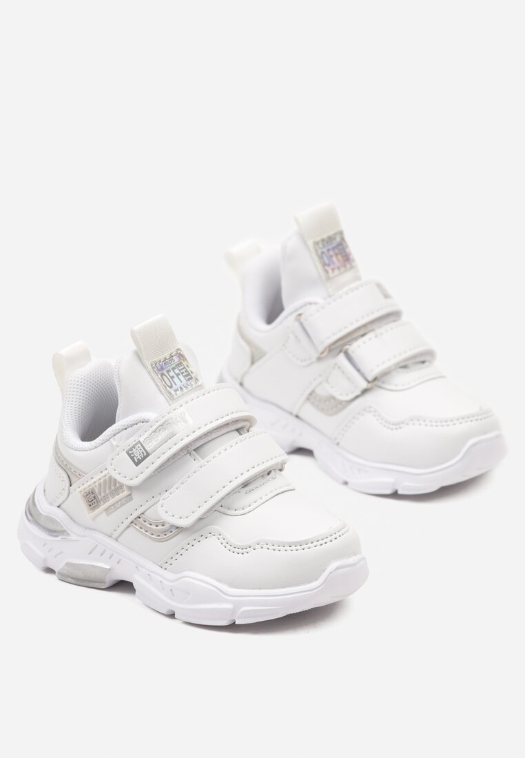 Biało-Srebrne Buty Sportowe Sneakersy na Płaskiej Tłoczonej Podeszwie z Napisami Sofinia