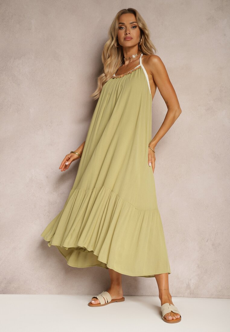 Rochie verde din viscoză cu bretele decorată cu paiete și fir metalic Beloe