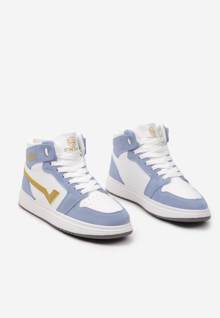 Biało-Niebieskie Wysokie Sneakersy na Płaskiej Podeszwie Ozdobione Przeszyciami Biacara