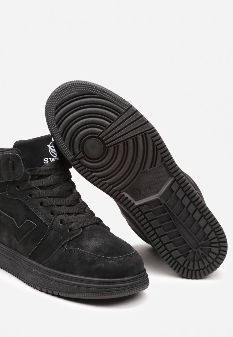 Czarne Wysokie Sneakersy na Płaskiej Podeszwie Ozdobione Przeszyciami Biacara