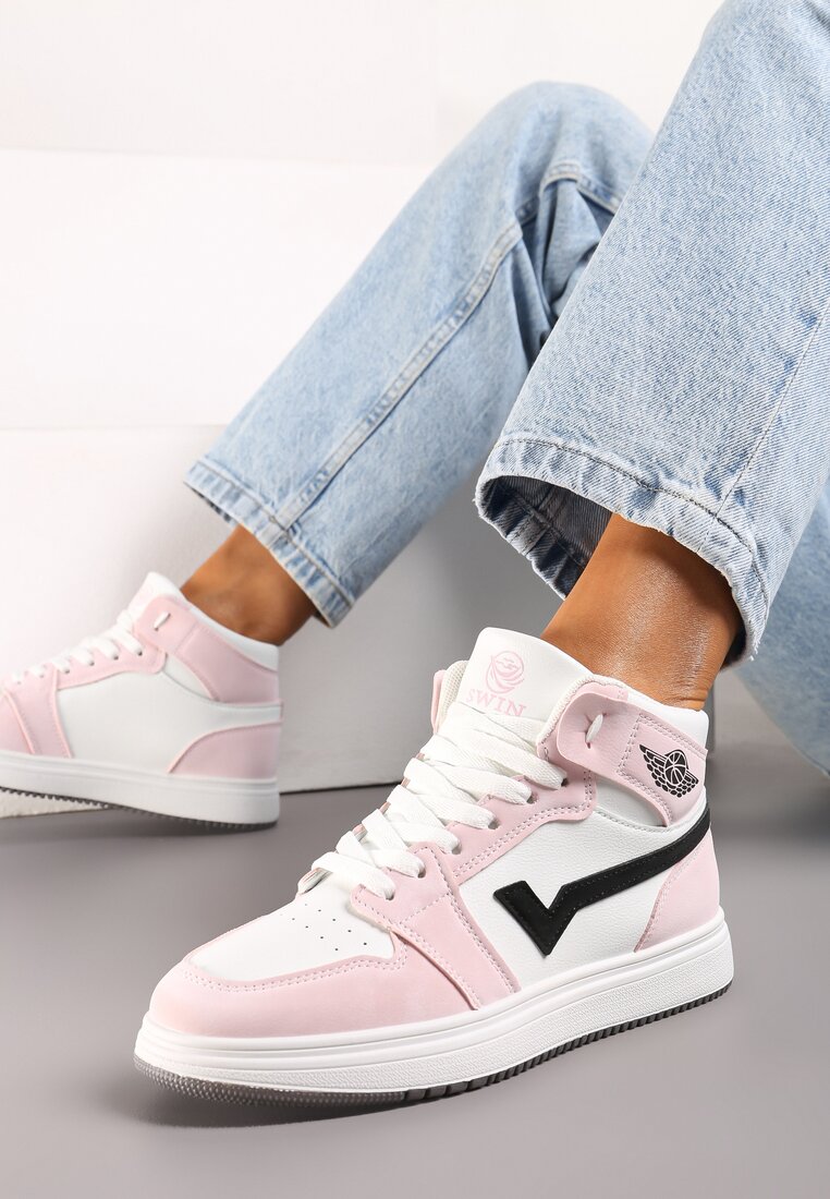 Biało-Różowe Wysokie Sneakersy na Płaskiej Podeszwie Ozdobione Przeszyciami Biacara