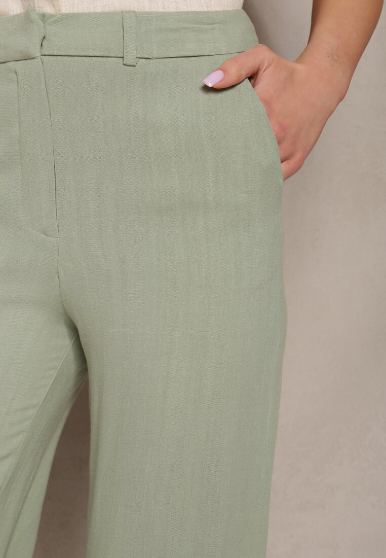 Zielone Wiskozowe Spodnie z Lnem z Szerokimi Nogawkami Lomera