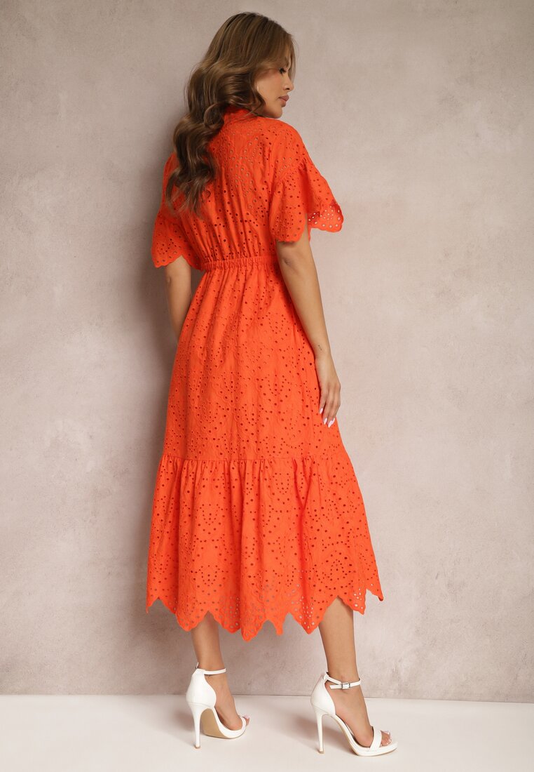 Pomarańczowa Bawełniana Sukienka o Rozkloszowanym Kroju z Haftem z Guzikami i Gumką w Pasie Lovarae
