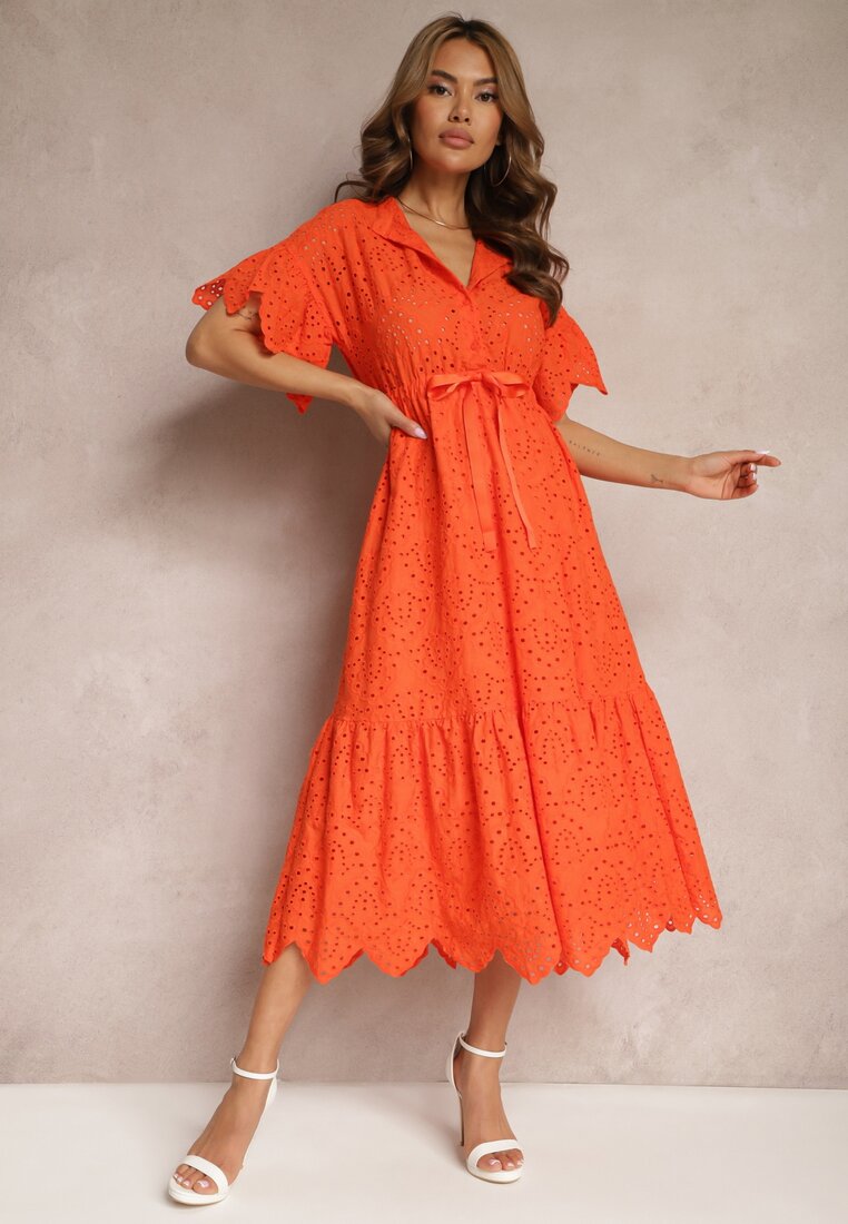 Pomarańczowa Bawełniana Sukienka o Rozkloszowanym Kroju z Haftem z Guzikami i Gumką w Pasie Lovarae