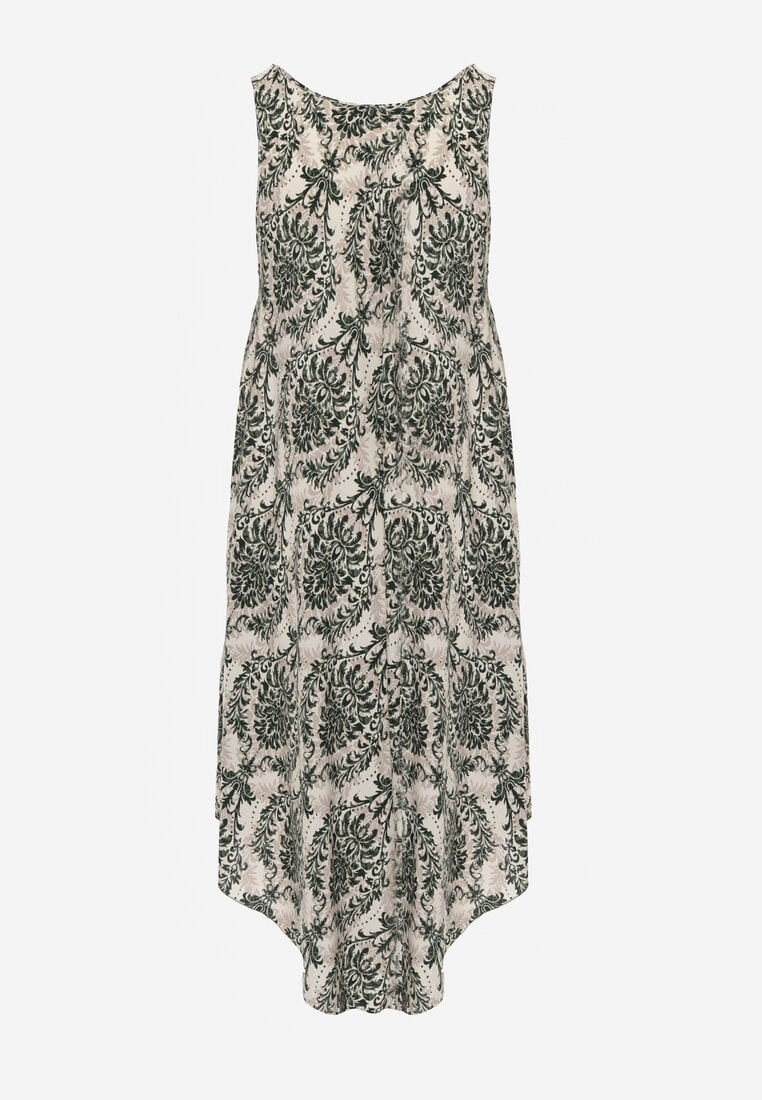 Beżowo-Zielona Casualowa Sukienka z Bawełny o Rozkloszowanym Kroju Mellilla