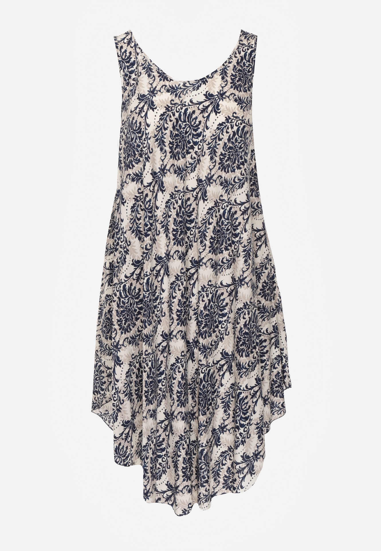 Beżowo-Granatowa Casualowa Sukienka z Bawełny o Rozkloszowanym Kroju Mellilla