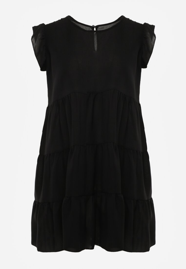 Rochie Neagră cu Mânecă Scurtă și Volane Decorative în Croi Evazat Vetesa