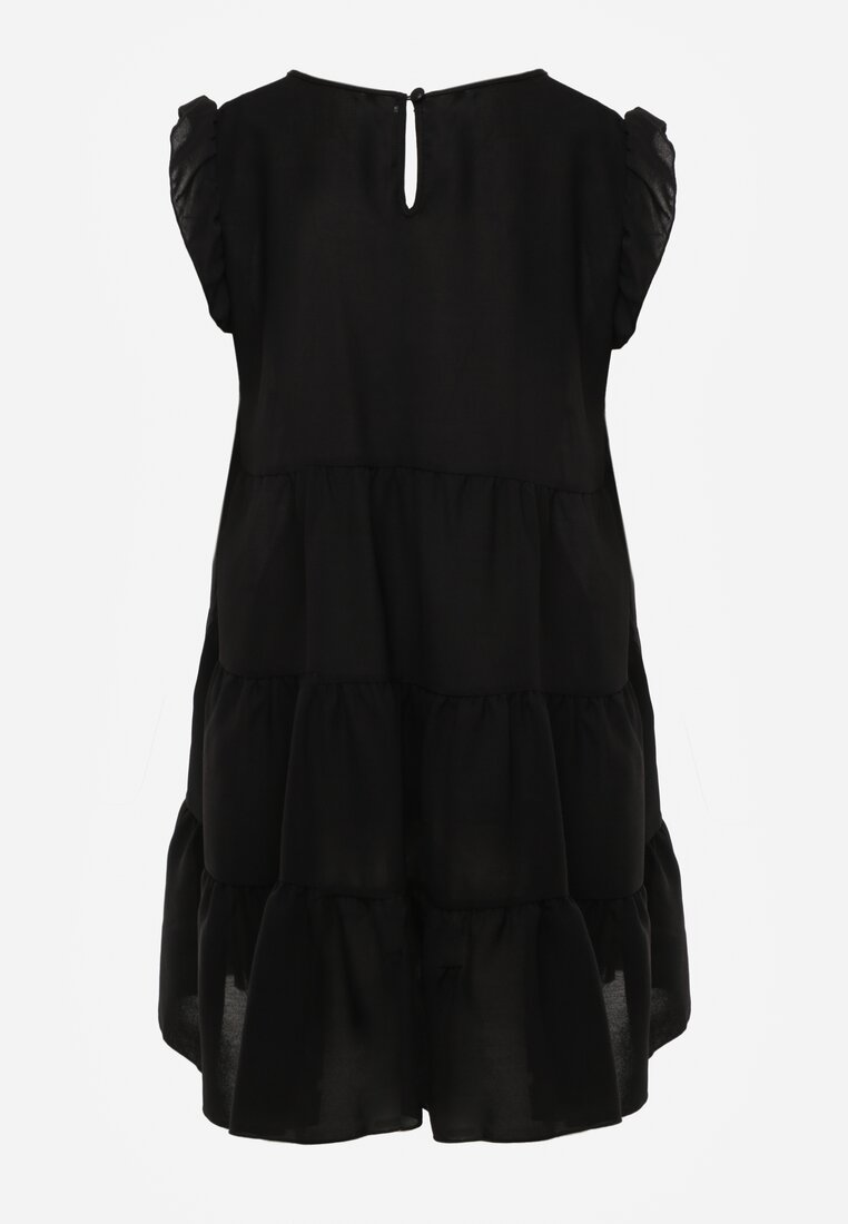 Rochie Neagră cu Mânecă Scurtă și Volane Decorative în Croi Evazat Vetesa