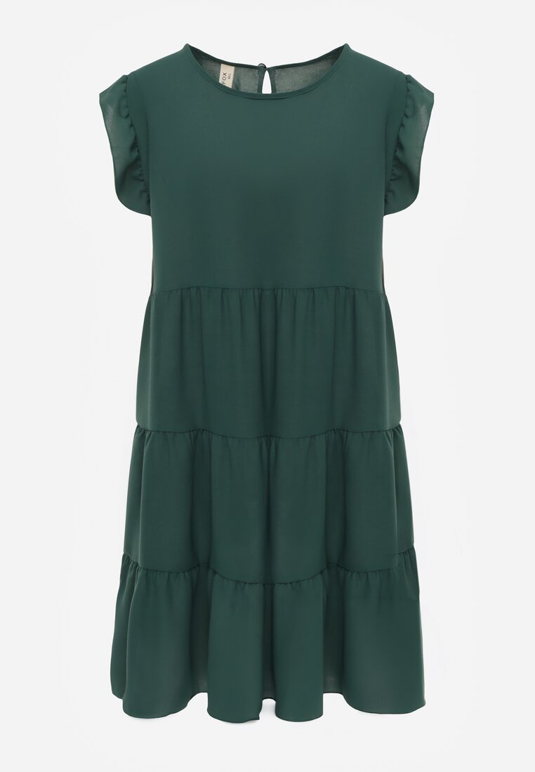 Rochie verde închis cu mânecă scurtă și volane decorative în stil evazat Vetesa