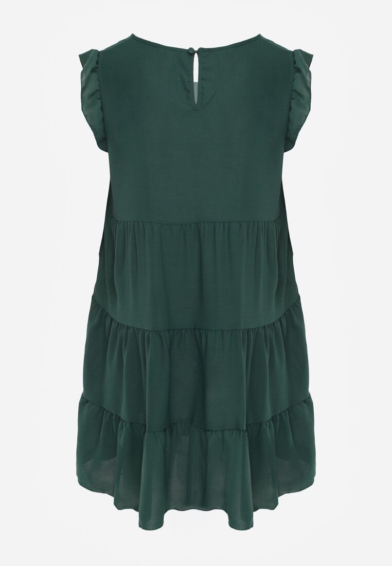 Rochie verde închis cu mânecă scurtă și volane decorative în stil evazat Vetesa