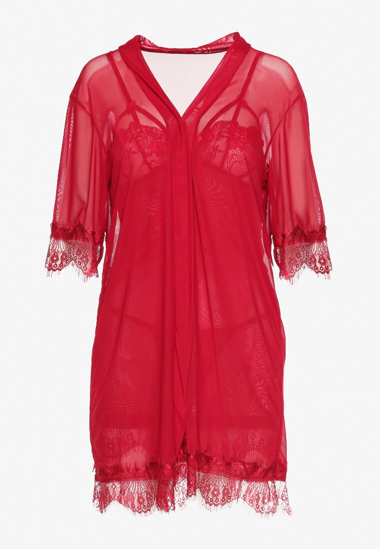 Czerwony Komplet Piżamowy z Siateczki Koszula Nocna Szlafrok Stringi Liamara