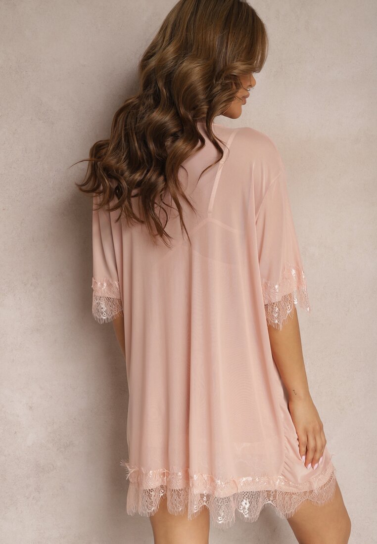 Różowy Komplet Piżamowy z Siateczki Koszula Nocna Szlafrok Stringi Liamara