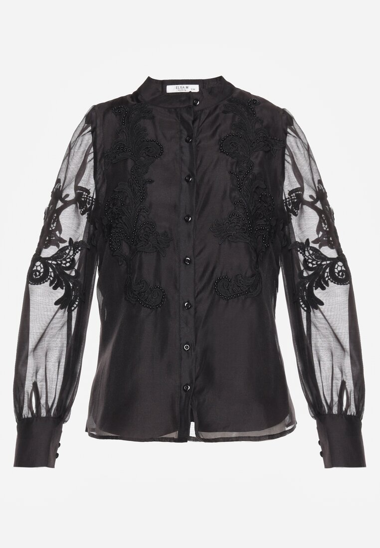 Bluză Neagră cu Mâneci Transparente și Dantelă cu Perle Ulani