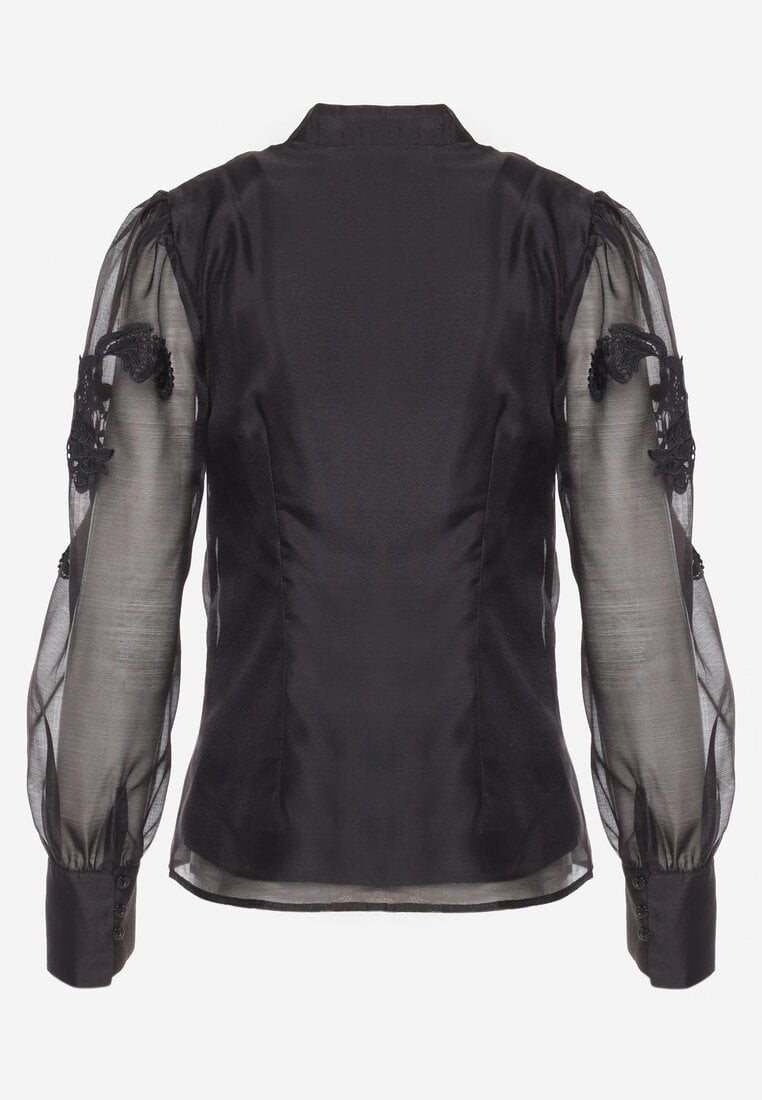 Bluză Neagră cu Mâneci Transparente și Dantelă cu Perle Ulani