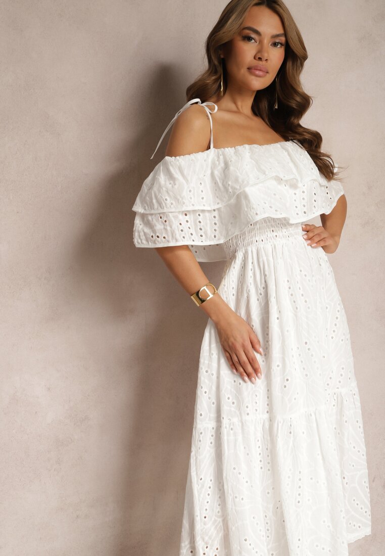 Biała Bawełniana Sukienka Hiszpanka z Gumką w Pasie i Falbanką Pavaria