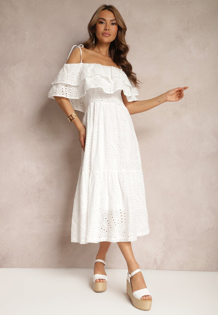 Biała Bawełniana Sukienka Hiszpanka z Gumką w Pasie i Falbanką Pavaria