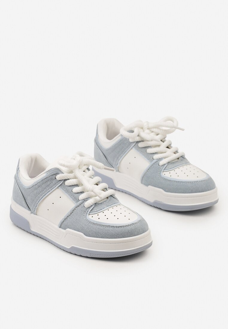 Niebiesko-Białe Sneakersy z Imitacji Skóry do Kostki ze Sznurowaniami na Grubej Podeszwie Ramara